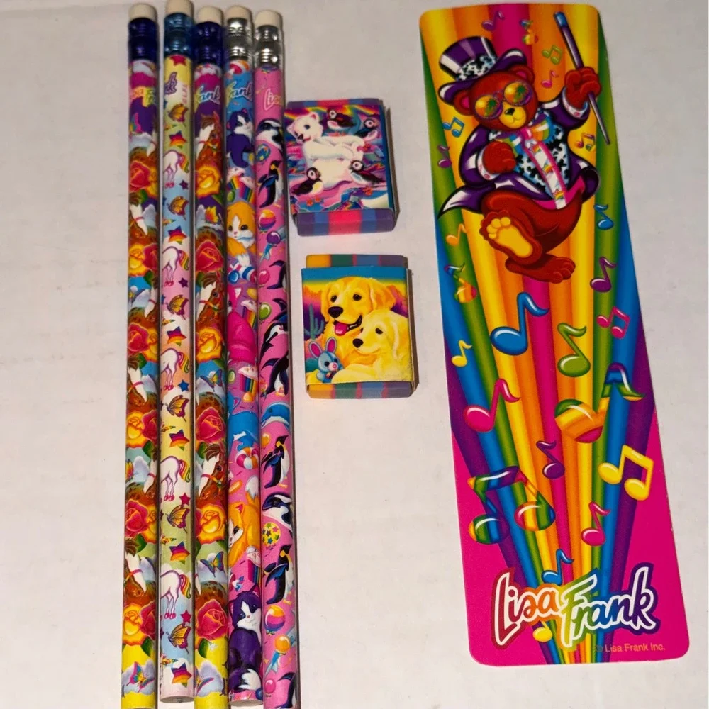 Vintage Lisa Frank Stationery Set Pencils Erasers Bookmark Hollywood Bear 90s‎